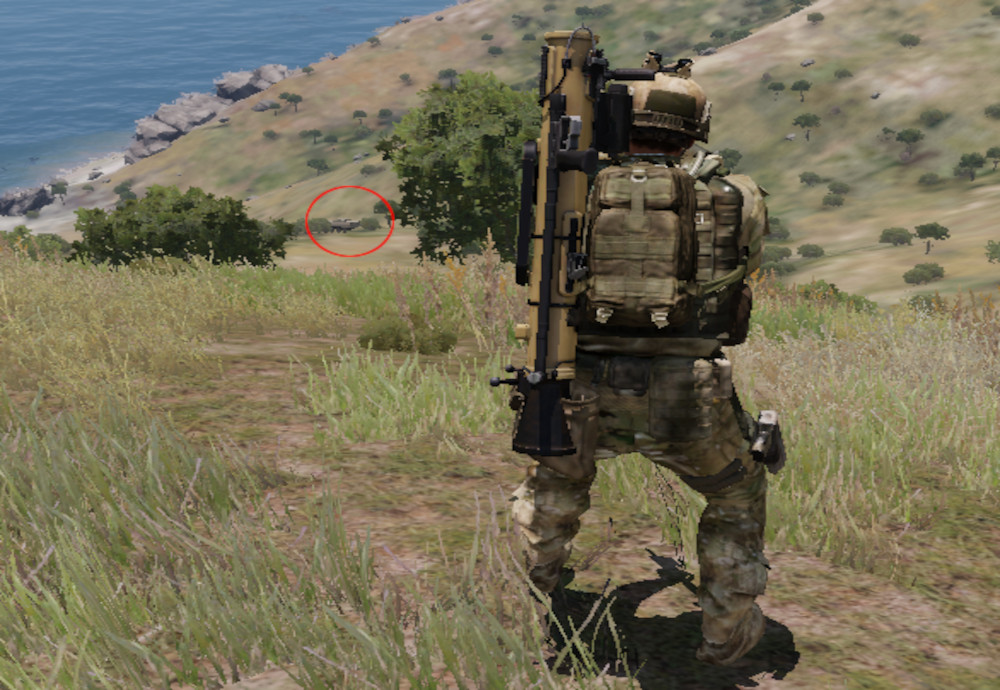 An Anti-Tank soldier facing an AMV-7 Marshall hiding in a bush 230 Meters away from him.