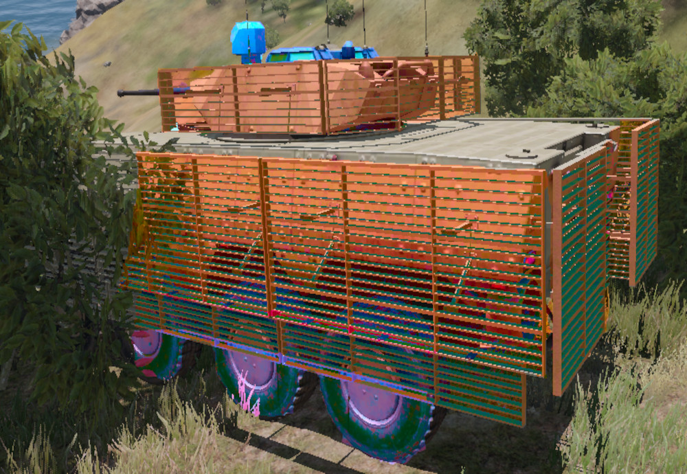 An AMV-7 Marshall. Slat Cages are marked in orange, the commander viewport and camera in blue and the exposed wheels in violet.